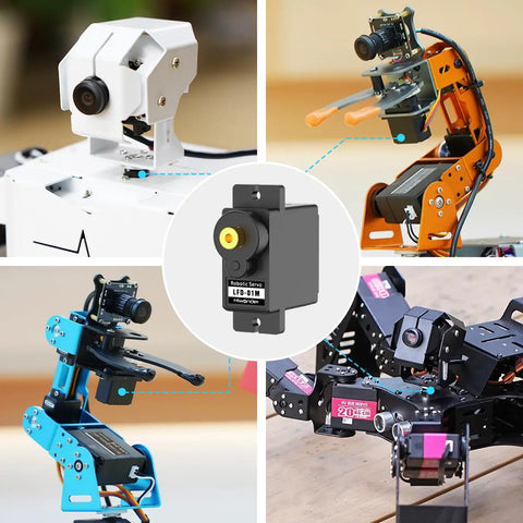 Collage showcasing 9G Metal Gear Micro Servo Motor For Robot DIY Projects Anti Blocking LFD 01M 5 Pack in various robot builds