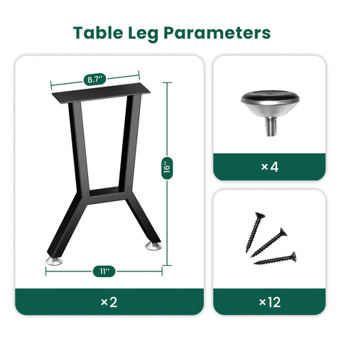Two 16 Inch Metal Table Legs With Adjustable Leveling Glides Matte Black Finish DIY Friendly Perfect For DIY Coffee Tables Desks Or Benches Easy Install Strong Industrial Style with screws and glides shown.