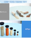 Before and after organizing spices in black-lidded glass jars on a blue table.