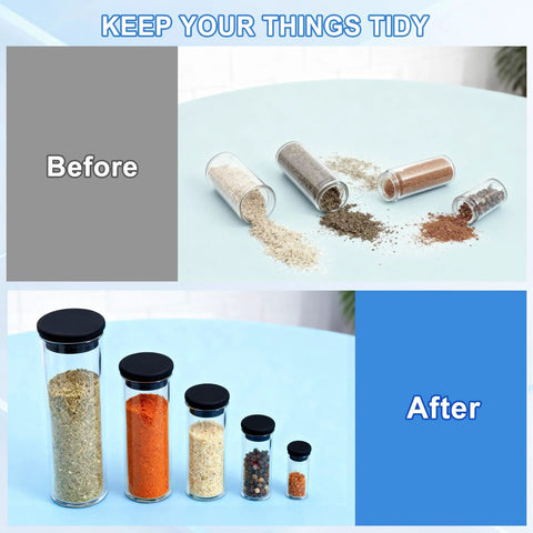 Before and after organizing spices in black-lidded glass jars on a blue table.