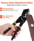 Hand using Three Eighths Inch Handheld Eyelet Kit With Pliers on leather strip, highlighted features of ergonomic non-slip handle and aluminum alloy.