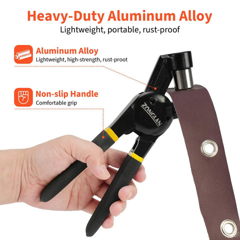 Hand using Three Eighths Inch Handheld Eyelet Kit With Pliers on leather strip, highlighted features of ergonomic non-slip handle and aluminum alloy.