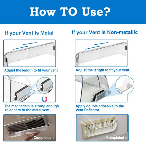 Diagram showing installation of Magnetic Vent Deflector for 9 to 14 Inch Vents Adjustable Air Direction on metal and non-metallic vents