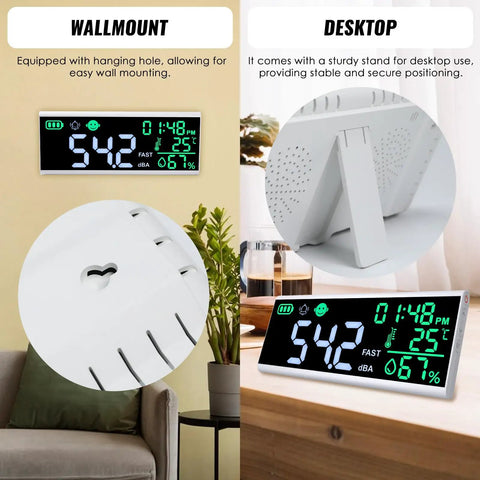 13 Inch Large LCD Decibel Meter With Alarm, 30 To 130dB Range, Wall Hanging Sound Level Gauge For Studio Classroom Home, Temperature And Humidity Display, Color Coded Alerts For Quick Noise Monitoring. Wallmount and desktop views with stand.