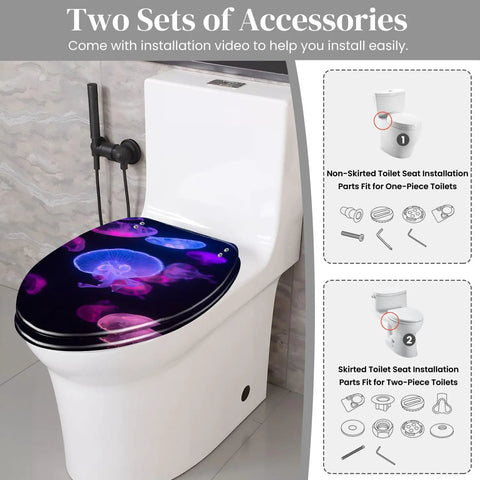 Elongated Toilet Seat Resin Quiet Close for Bathroom with jellyfish design on white toilet, showcasing installation accessories.