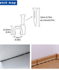 Illustration and usage of 100 Pack Nail In Cable Clips Set for 8mm Wire With Zinc Plated Nails on baseboards.