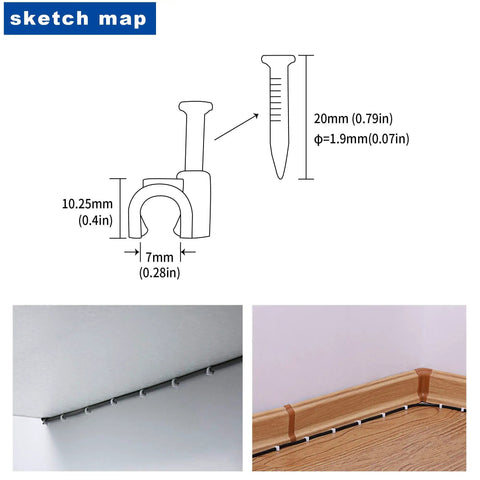 Illustration and usage of 100 Pack Nail In Cable Clips Set for 8mm Wire With Zinc Plated Nails on baseboards.