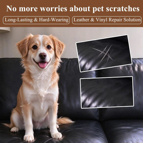 Heavy Duty Leather And Vinyl Repair Kit For Couches And Car Seats With Fast Acting Glue Custom Color Match To Patch Snags Cracks And Peels Zero Sweat Slick Finish Bring Your Gear Back Into Shape with dog on black leather couch showing scratches.