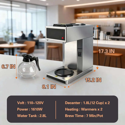 Heavy Duty 1610W 12 Cup Drip Coffee Maker Workhorse with Two Glass Carafes and Warmers in stainless steel housing