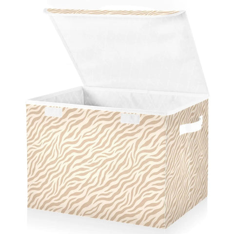 Built Tough Foldable Storage Bin With Slick Flip Top Lid And Locked Down Velcro Closure Durable Oxford Fabric Collapsible Closet Organizer For Home Bedroom No Sweat Space Savers in beige zebra print with open lid.