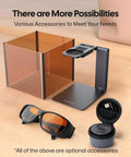 LaserPecker LP1 Pro laser engraver with orange acrylic enclosure and stand; safety glasses visible (front view)