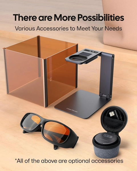 LaserPecker LP1 Pro laser engraver with orange acrylic enclosure and stand; safety glasses visible (front view)