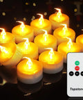 Battery Powered Flickering Flameless Candles With Warm Yellow Glow, Remote Control And 4, 6, 8 Hour Timers, Decorative LED Tealights For Wedding And Party Decor, Easy To Set And Safe Votive Lights, Pack Of 12 shown with included remote control.