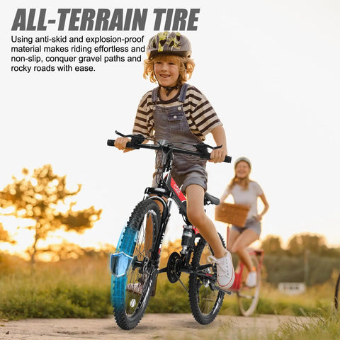 Child riding black mountain bike with all-terrain tires on dirt path, featuring anti-skid material for easy gravel and rocky road handling.
