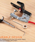 35mm Cabinet Door Concealed Hinge Jig With Quick Clamps And Snap-On Ruler For Adjustable Edge Margins with various accessories laid out.