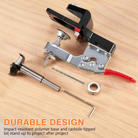 35mm Cabinet Door Concealed Hinge Jig With Quick Clamps And Snap-On Ruler For Adjustable Edge Margins with various accessories laid out.