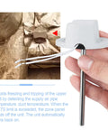 Close-up view of discharge air temperature sensor with stainless steel probe and gray plastic housing.