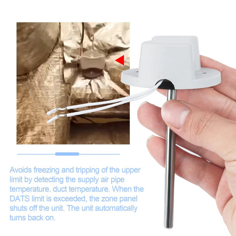 Close-up view of discharge air temperature sensor with stainless steel probe and gray plastic housing.