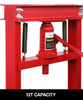 12 Ton Hydraulic Shop Press With Adjustable H-Frame, benchtop table height and press plates, red heavy-duty garage press for auto and metalworking