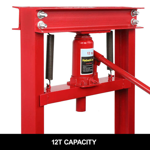 12 Ton Hydraulic Shop Press With H Frame And Adjustable Table Height, 12T capacity, red finish, visible hydraulic jack, close-up view