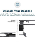 Side view of dual monitor sit stand desk riser 48 inch wide desk converter with 11 height settings fully assembled spring loaded