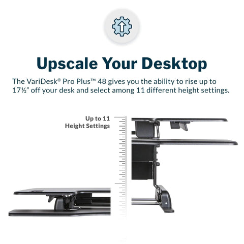 Side view of dual monitor sit stand desk riser 48 inch wide desk converter with 11 height settings fully assembled spring loaded