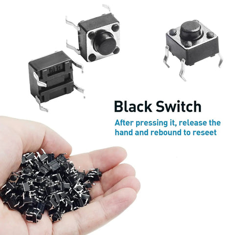 Hand holding black micro momentary tact switches from 180 Piece Tactile Push Button Switch Kit With 10 Values Ranging From 6x6mm To 7x7mm