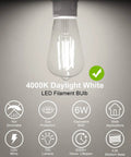 Retro ST58 Edison LED Filament Bulbs Set, 60W Equivalent, Daylight White 4000K, CRI 80, lit bulb showing its daylight white glow