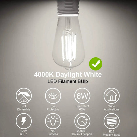 Retro ST58 Edison LED Filament Bulbs Set, 60W Equivalent, Daylight White 4000K, CRI 80, lit bulb showing its daylight white glow