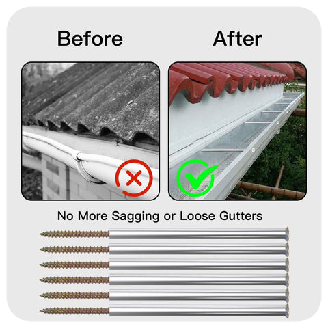 Before and after image showing gutter repair using 7 Inch Gutter Screws Kit With Stainless Steel Ferrule For 5 Inch Roof Gutters White 10 Pack