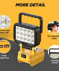 6000 Lumen 40W LED Work Light Cordless Jobsite Flood Light with Dual USB A Charging Ports, adjustable angle, portable.