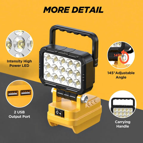 6000 Lumen 40W LED Work Light Cordless Jobsite Flood Light with Dual USB A Charging Ports, adjustable angle, portable.