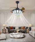 Ceiling Fan with Crystal Lights Retractable Blades 6 Speeds for Living in a stylish living room with elegant decor.