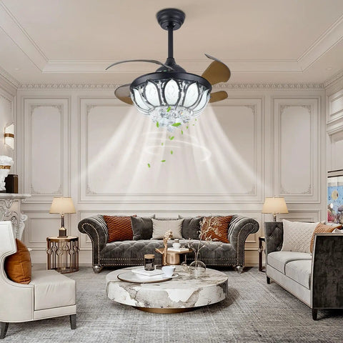 Ceiling Fan with Crystal Lights Retractable Blades 6 Speeds for Living in a stylish living room with elegant decor.