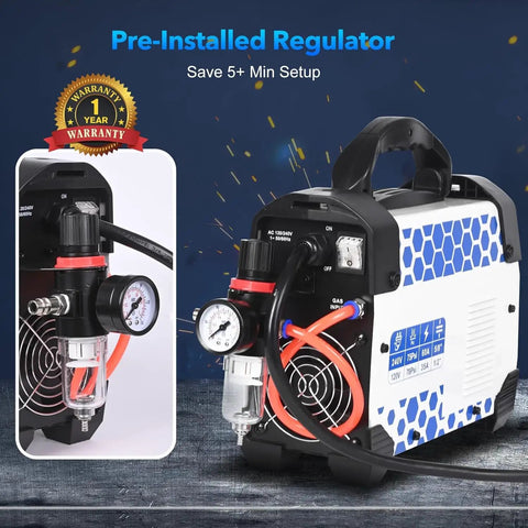 Dual Voltage Plasma Cutter For 120 Volt And 240 Volt Systems 60 Amp Portable Metal Cutting Machine With Torch And Tips Clean Cut IGBT Inverter Handles Up To One Half Inch Auto Voltage Detection And Preinstalled Air Regulator Upgraded 2025 Model showing side view with pre-installed regulator.