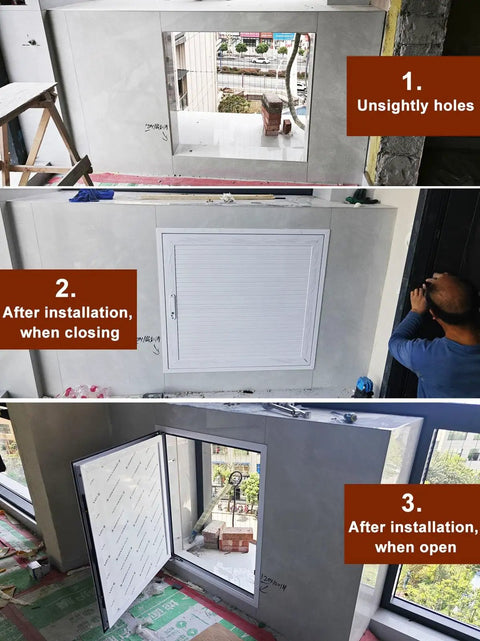 Built To Last Lockable Access Door For Crawl Spaces And Attic Walls With Smooth Heavy Duty Hinges Thick Aluminum Frame Hassle Free Inspection Panel 34 By 40 Inches Gray, installation views before and after.