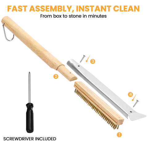 21 Inch Pizza Brush With Brass Bristles And Stone Scraper Wood Handle With Hanging Ring For Outdoor Pizza Oven Cleaning parts