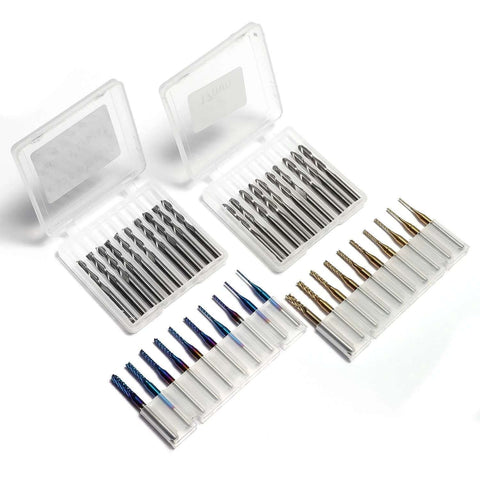 Genmitsu 40-piece end mill set, 1/8 in shank, titanium and blue-coated; includes flat-nose and ball-nose bits.