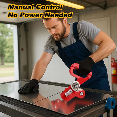 Man using 9 Inch Hand Pull Sheet Metal Cutter Nibbler For Thin Steel And Aluminum Up To 23 GA on metal sheet in workshop