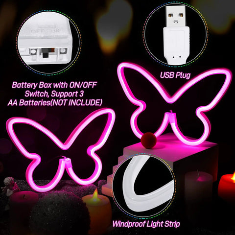 Two Pack Butterfly Neon Sign LED Light Wall Decor Pink Neon Butterfly Wall Art Powered by 3AA Batteries or USB