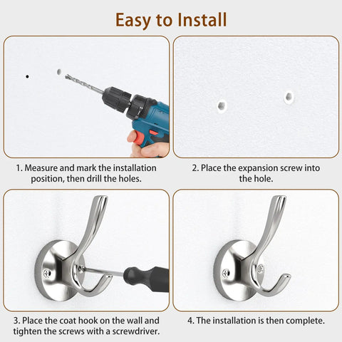Installation steps for Heavy Duty Towel And Coat Hooks Two Pack In Brushed Nickel Wall Mounted Bathroom Hooks with drill and screws.
