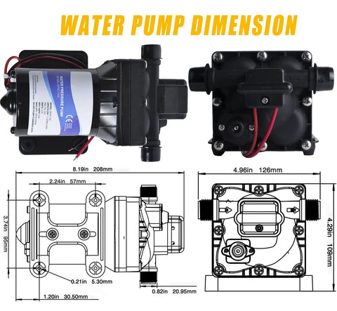 12V DC Diaphragm Water Pump Self Priming 3.0 GPM at 55 PSI dimensions and design for marine and RV use