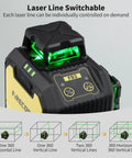 Pro Grade Green Beam Laser Level With Receiver Kit, 360 Self Leveling Laser, pulse mode indicator, controls view.