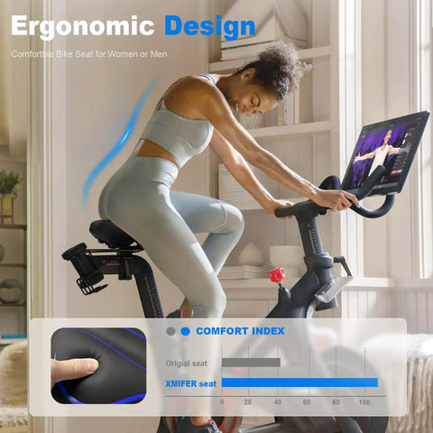 Woman using oversized comfy bike seat with extra padding and memory foam; blue waterproof leather, universal replacement saddle.