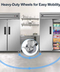 Heavy Duty Commercial Refrigerator And Freezer Combo Sleek Stainless Steel Design with heavy-duty wheels for easy mobility.