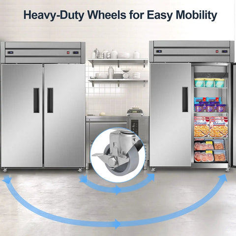 Heavy Duty Commercial Refrigerator And Freezer Combo Sleek Stainless Steel Design with heavy-duty wheels for easy mobility.