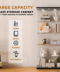 Five Shelf Glass Display Cabinet With Locking Door And Remote LED Lights, black finish, showcasing various items in living room.