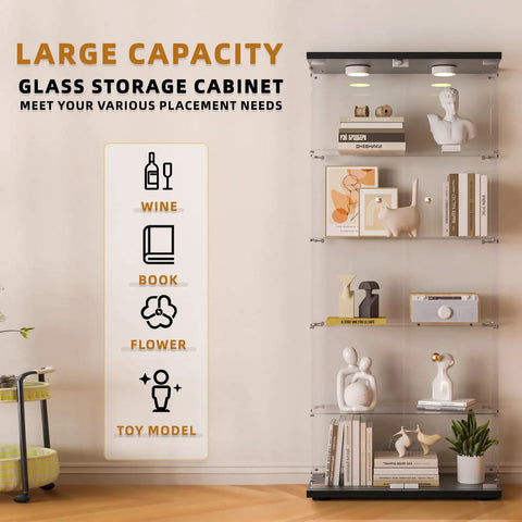 Five Shelf Glass Display Cabinet With Locking Door And Remote LED Lights, black finish, showcasing various items in living room.