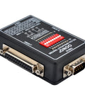 RS232 Breakout Tester LED Monitor Module with DB9 Male, DB25 Female connectors for serial data link debugging, side view.