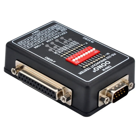 RS232 Breakout Tester LED Monitor Module with DB9 Male, DB25 Female connectors for serial data link debugging, side view.